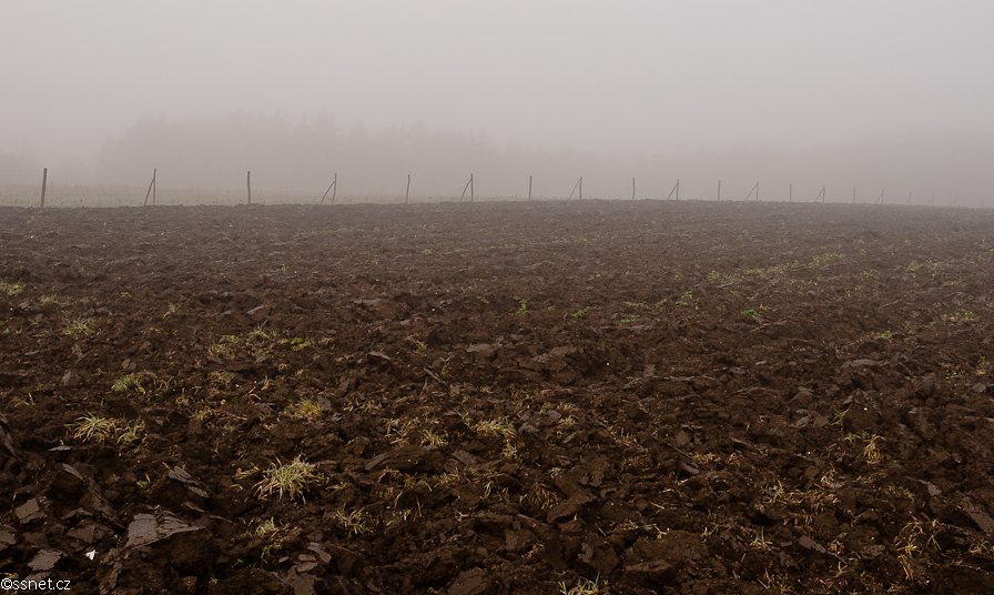 Plowed fields in the autumn mist