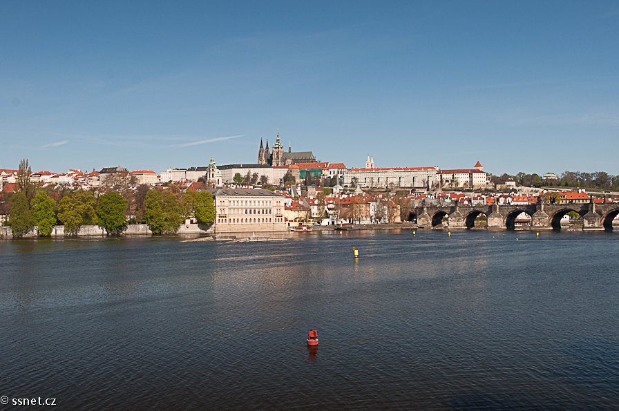 Spring Panorama of Prague Castle - Vltava river and Charles bridge