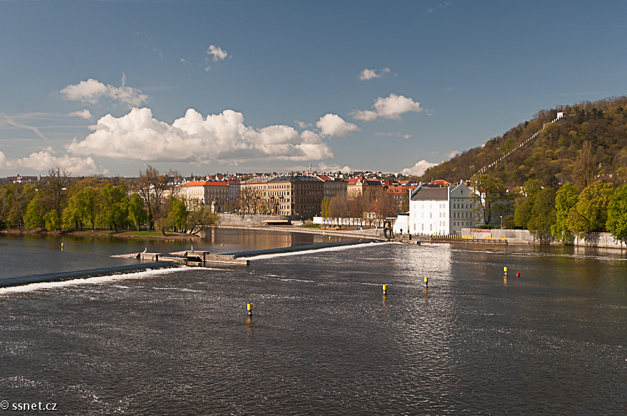 The Vltava River in Prague and river weir