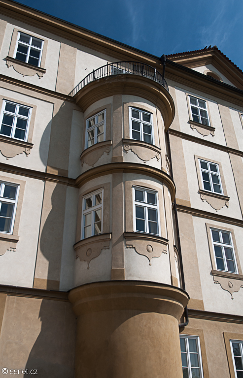 The facade of historic houses in Prague